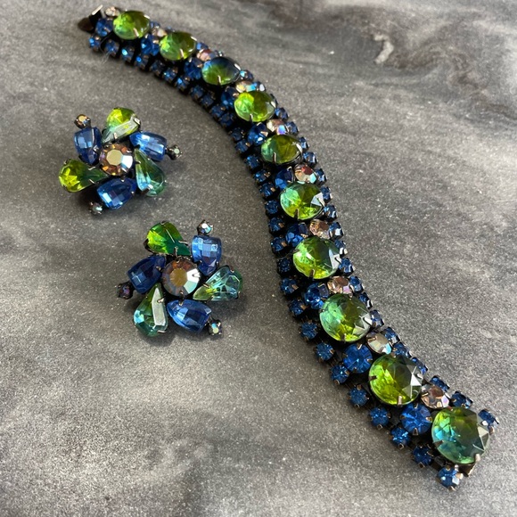 Estate Jewelry - Vintage Kramer New York Blue Green Crystal Bracelet Earrings Set